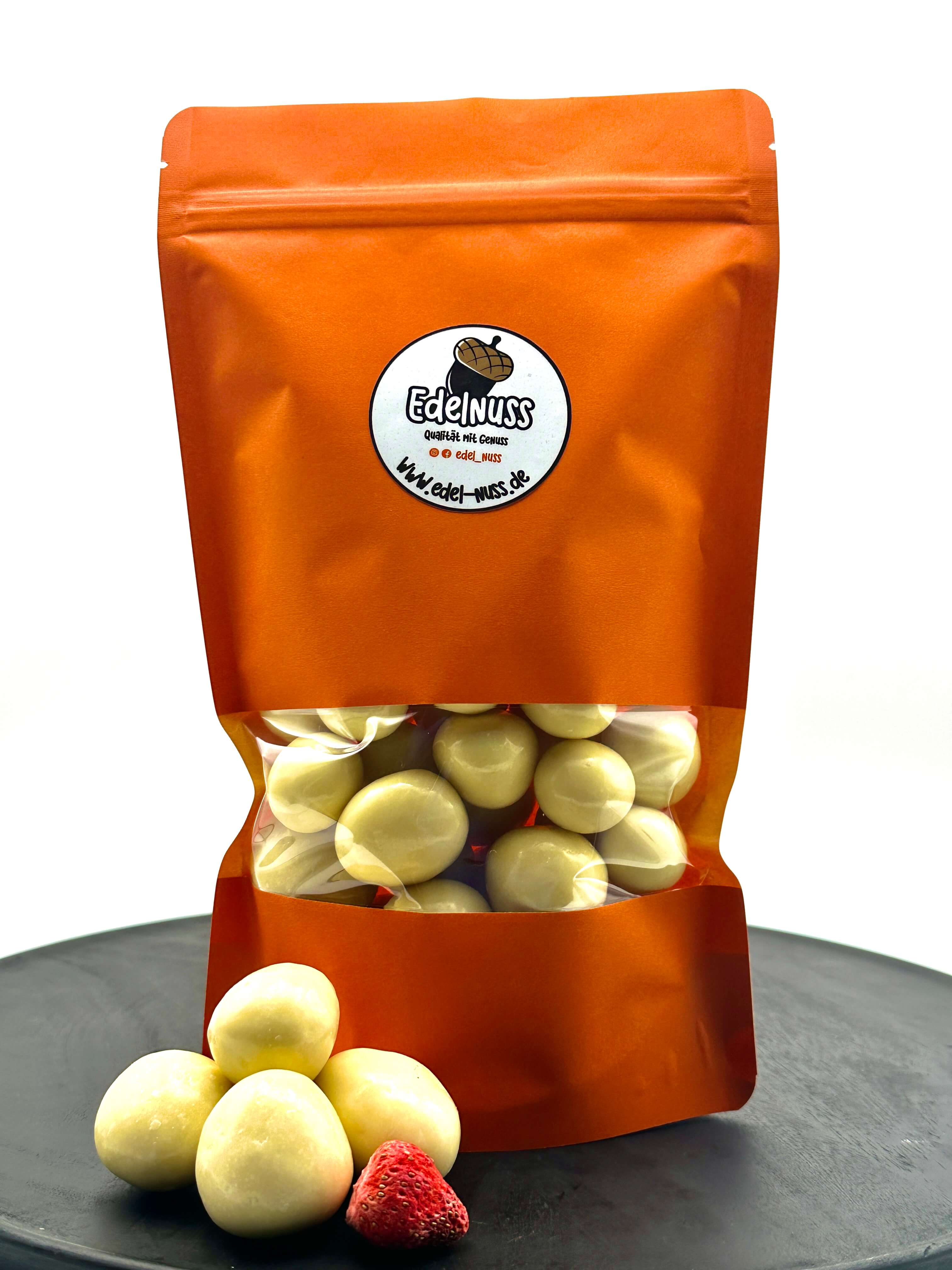 Erdbeeren mit weißer Schokolade – Gefriergetrocknete Erdbeeren – Edel Nuss Erdbeeren mit weißer Schokolade – Gefriergetrocknete Erdbeeren – Edel Nuss