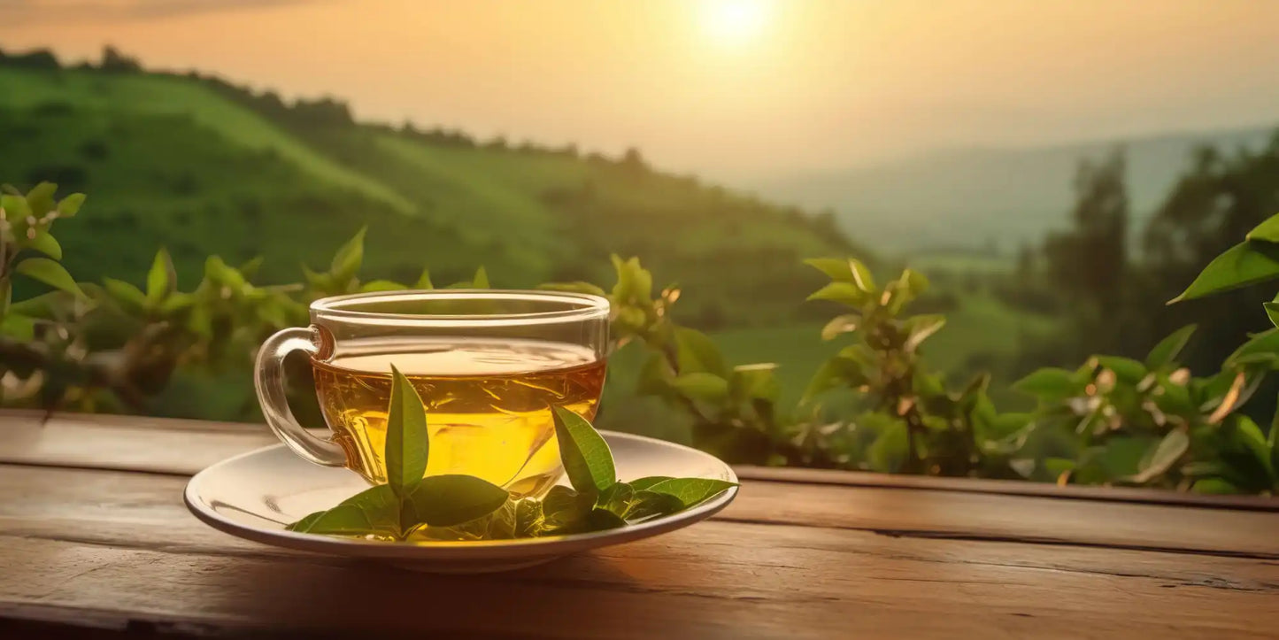 Eine klare Glass-Teetasse, gefüllt mit goldenem Tee und frischen grünen Teeblättern auf ihrem Unterteller.